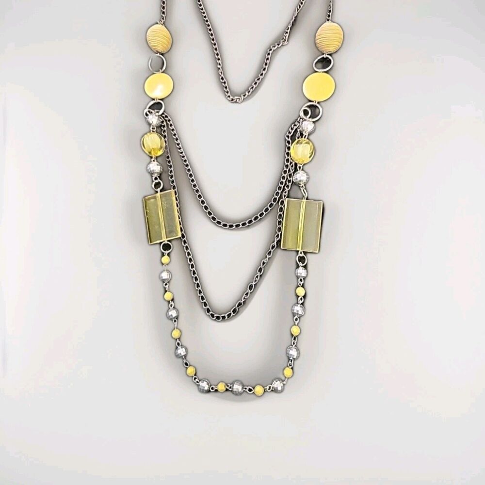 Long Boho Matelic Necklace Canary Yellow Acrylic Beads Mixed Media 22in Length